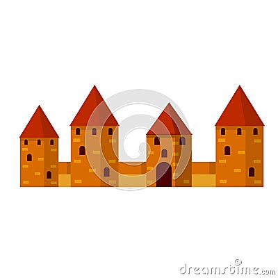 Medieval fortress with towers and walls. Trakai castle. Lithuanian tourist attraction. Old European city Vector Illustration