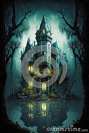 Medieval Gothic castle 01 mansion night dark house Generative AI Stock Photo