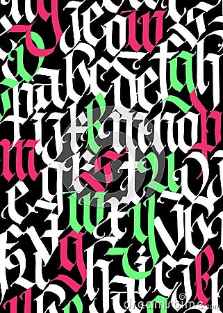 Medieval Gothic pattern. Vector. European modern gothic. Colored letters on a black background. All letters are handwritten with a Vector Illustration