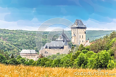 Medieval gothic royal castle Karlstejn - Watercolor style Stock Photo