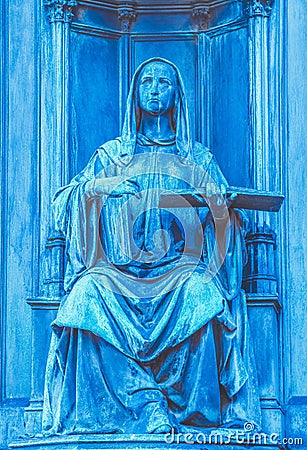 Medieval gothic statue, Prague, part of the monument of the Czech King Charles 4. Figure with book, Charles IV sculpture. Stock Photo