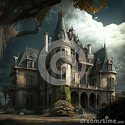 Medieval Haunted Castle, Gloomy Chateau, Drawing Imitation, Abstract Generative AI Illustration Stock Photo