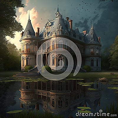 Medieval Haunted Castle, Gloomy Chateau, Drawing Imitation, Abstract Generative AI Illustration Stock Photo