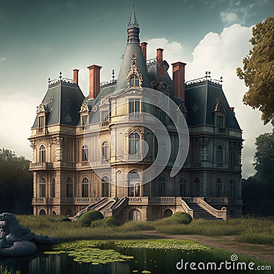 Medieval Haunted Castle, Gloomy Chateau, Drawing Imitation, Abstract Generative AI Illustration Stock Photo