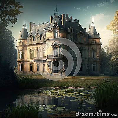 Medieval Haunted Castle, Gloomy Chateau, Drawing Imitation, Abstract Generative AI Illustration Stock Photo