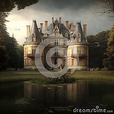 Medieval Haunted Castle, Gloomy Chateau, Drawing Imitation, Abstract Generative AI Illustration Stock Photo