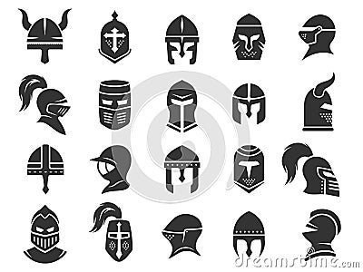 Medieval helmets. Ancient warrior knight head armor with visor plumage, spartan fighter protective elements flat style Vector Illustration