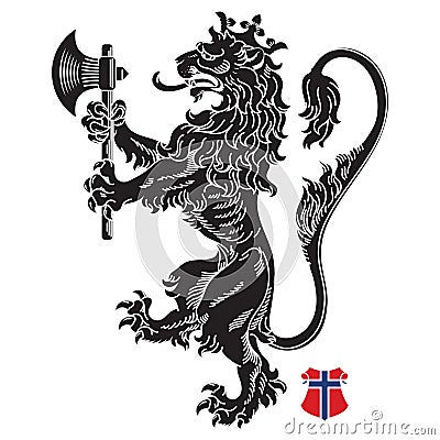 A medieval heraldic coat of arms, heraldic lion, heraldic lion silhouette, crowned lion holding an axe in its front paws Vector Illustration