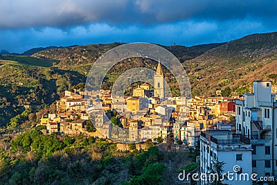 The medieval hill town of Francavilla di Sicilia at sunset Editorial Stock Photo
