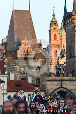 Medieval historic reenactment to commemorate 667th anniversary of laying the foundation stone of iconic Charles Bridge in Prague, Editorial Stock Photo