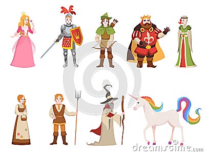 Medieval historical characters. Knight king queen prince princess fairy royal castle dragon horse witch set cartoon Vector Illustration