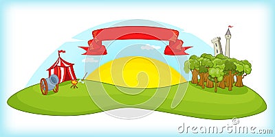 Medieval horizontal banner, cartoon style Vector Illustration