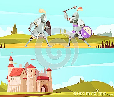 Medieval Horizontal Cartoon Banners Set Vector Illustration