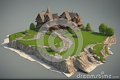 Medieval house built on a green terrace Stock Photo