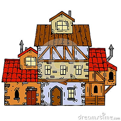 Medieval house. Village building. Old house with chimney. Cartoon retro illustration. European Small old town Vector Illustration