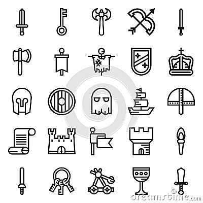 MEDIEVAL icon set of outline icons Cartoon Illustration