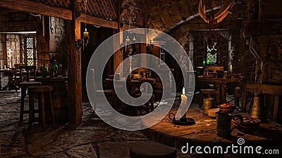 Medieval inn dining area lit by candlelight and daylight through windows with food and drink on tables. 3D irendering Cartoon Illustration