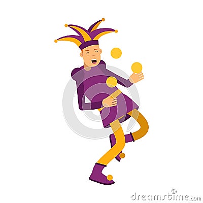 Medieval jester character juggling with balls, colorful Illustration Stock Photo