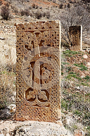 Medieval khachkars of Noravank monastery,christian art,Armenia Stock Photo