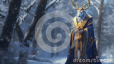 Medieval King With Horns In Snowy Forest - Photorealistic Renderings Stock Photo