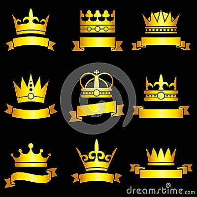 Medieval king tiaras, gold crowns and ribbon banner vector set Vector Illustration