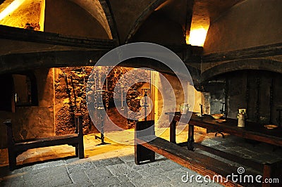 Medieval kitchen, Issogne castle, Aosta Valley. Stock Photo