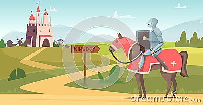 Medieval knight background. Historical armored characters outdoor castle vector cartoon scene Vector Illustration