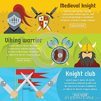 Medieval knight banner horizontal set, flat style Vector Illustration