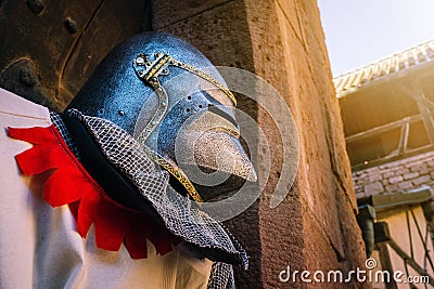 Medieval knight costume with helm Stock Photo