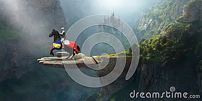 Medieval Knight, Fantasy Stone Castle, Horse Stock Photo