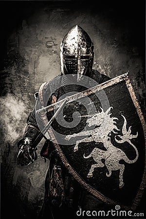 Medieval knight in full armour Stock Photo