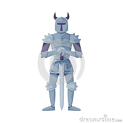 Medieval knight in full armour and horned helmet standing with sword vector illustration Vector Illustration