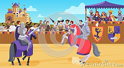 Medieval knight joust battle vector illustration, cartoon flat horseman hero knight characters jousting with swords and Vector Illustration