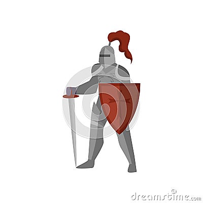 Medieval knight with long sword and red cross shield Vector Illustration