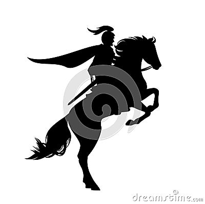 Knight riding rearing up horse black vector silhouette Vector Illustration