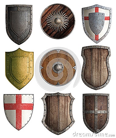 Medieval knight shields set isolated Stock Photo