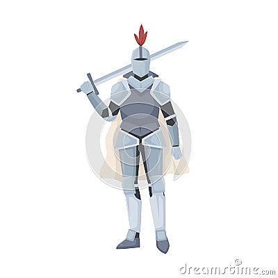 Medieval knight standing in armor, cloak and helmet with red feather. Warrior of Middle Ages holding sword over his Vector Illustration