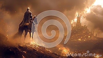 Medieval Knight Horseback Burning City Stock Photo