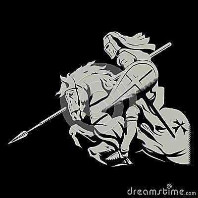 Medieval Knightly Design. Knight Crusader on a war horse with shield and spear Vector Illustration