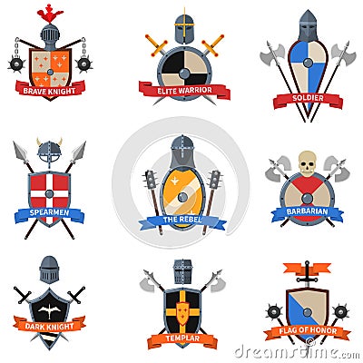 Medieval knights emblems flat icons set Vector Illustration