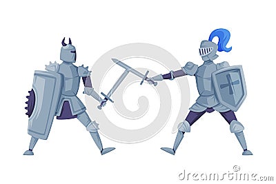 Medieval knights in full armour fighting with swords in joust vector illustration Vector Illustration
