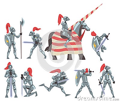 Medieval Knights Set, Chivalry Warrior Characters in Full Heavy Metal Body Armor with Ancient Weapon Cartoon Style Vector Illustration