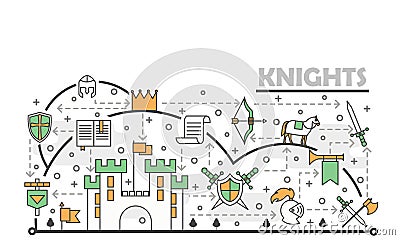 Vector thin line art medieval knights poster banner template Vector Illustration