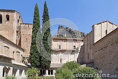 Medieval Limestone Arches at Gellone Monastery, France, UNSECO Stock Photo