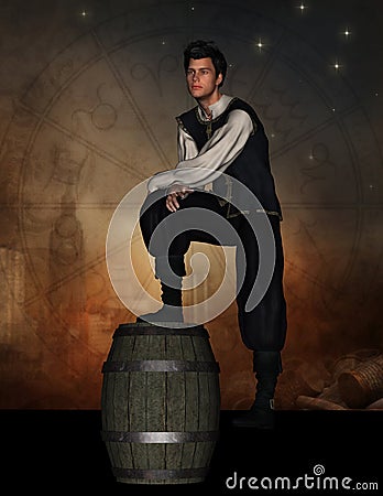 Medieval man with foot on barrel Stock Photo