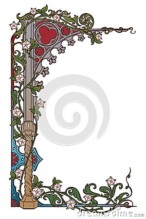 Medieval manuscript style rectangular frame. Gothic style pointed arch braided with a rose garlands. Vertical Vector Illustration