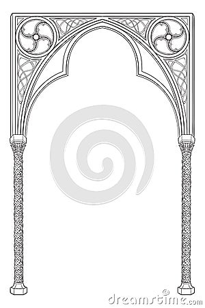 Medieval manuscript style rectangular frame. Gothic style pointed arch. Vector Illustration