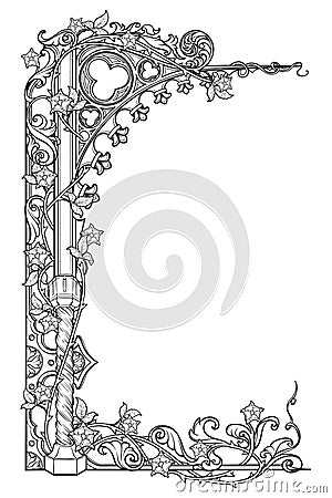 Medieval manuscript style rectangular frame. Gothic style pointed arch braided with a rose garlands. Vertical Vector Illustration