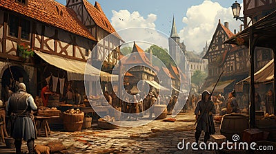 Medieval market created with Generative AI. Historic scene in an ancient city. Stock Photo