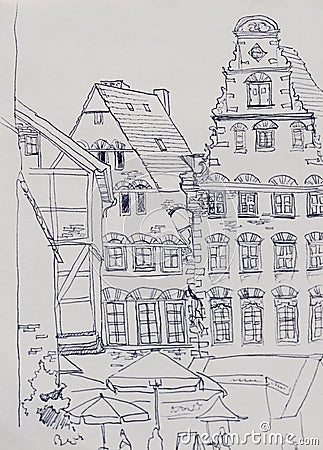 Medieval market square in Bremen with old baroque buildings into Cartoon Illustration